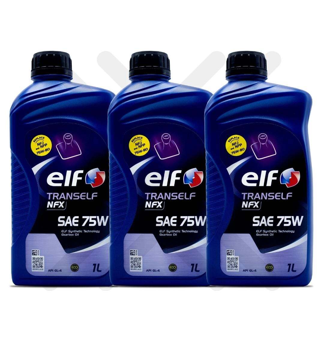 Three 1-liter bottles of Elf Tranself NFX SAE 75W synthetic gear oil for manual gearboxes