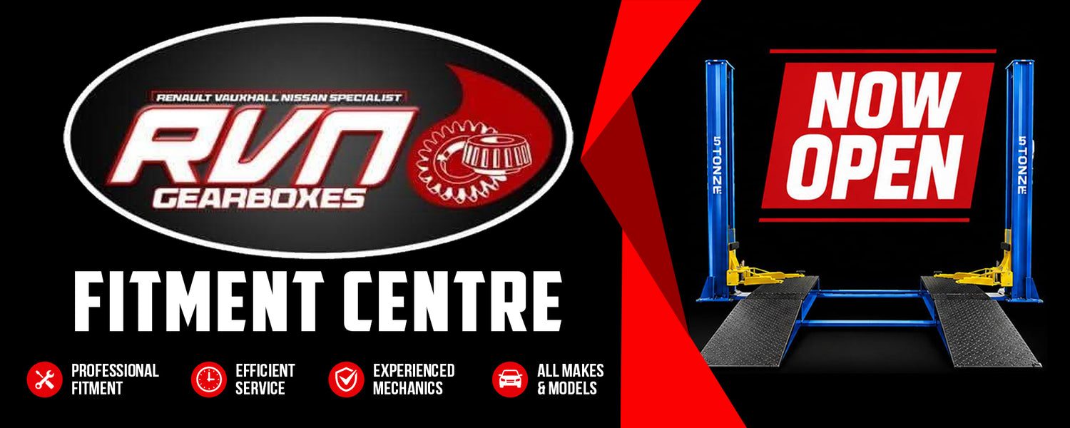 Promotional banner for RUV Gearboxes Fitment Centre, featuring the RUV logo, text reading 'FITMENT CENTRE' and 'NOW OPEN', plus a photo of a blue and yellow vehicle lift on a black background with red graphic accents.