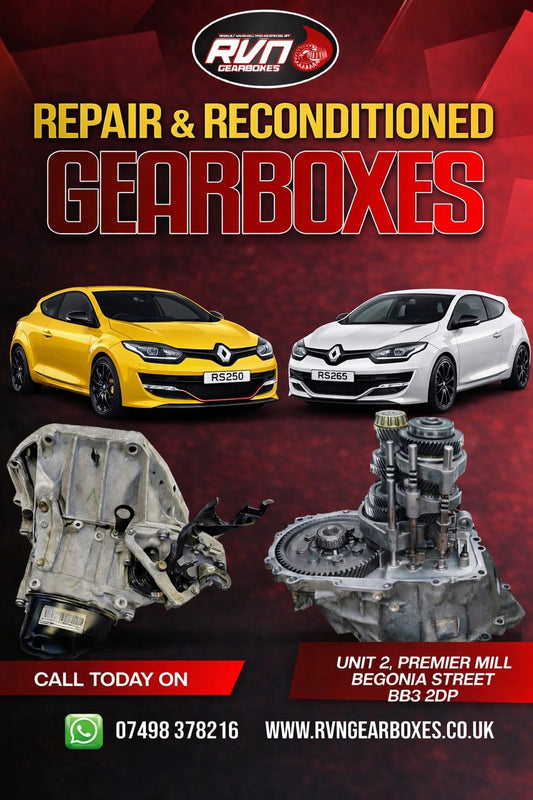 Promotional flyer for RVN Gearboxes Ltd advertising repair and reconditioned gearbox services. The graphic features two cars, mechanical gearboxes on a red and black background, and lists the contact number 07498 378216 alongside the business address at Premier Mill Business Park, Darwen.
